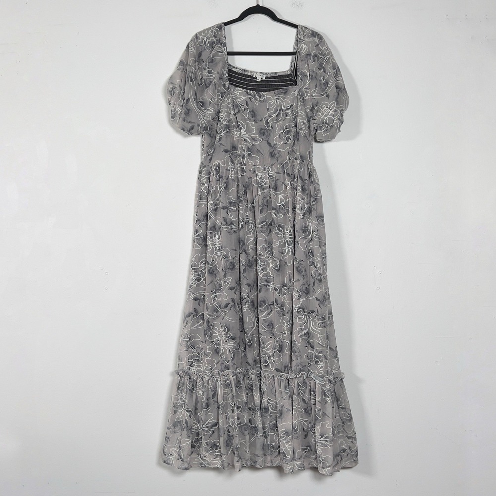Baltic Born Embroidered Maxi Dress Sz 1XL Gray Puff Sleeve Square Neck Smocked - Picture 3 of 15